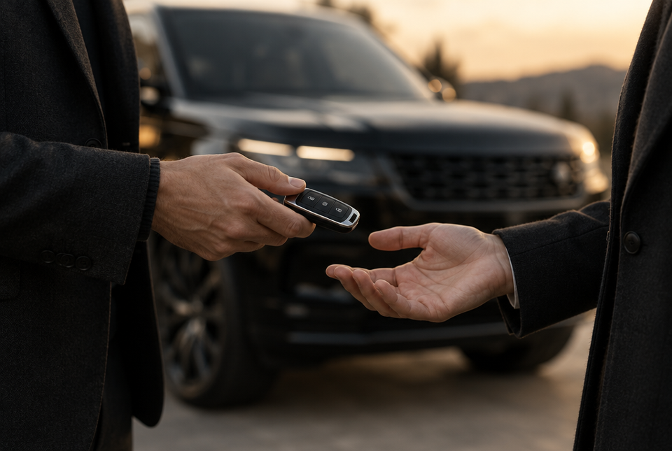Keys being handed over beside the car at pickup