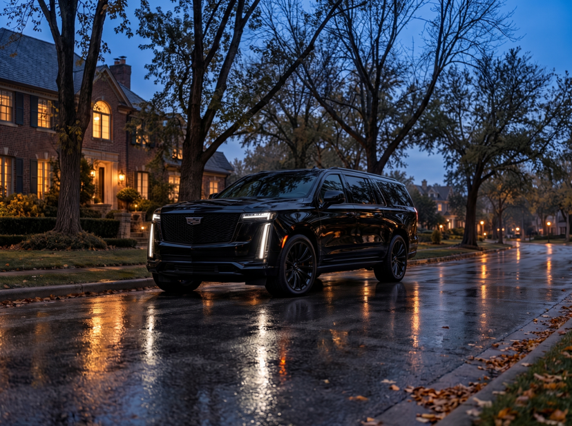 Black Cadillac Escalade ESV at dusk