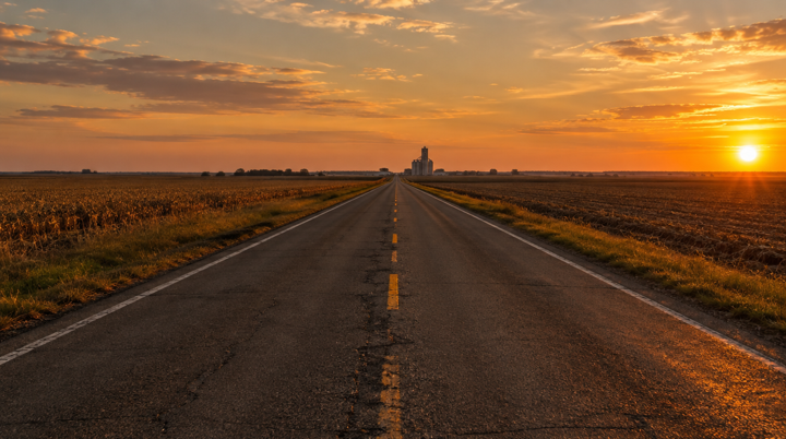 Historic Route 66 two-lane road through Illinois farmland
